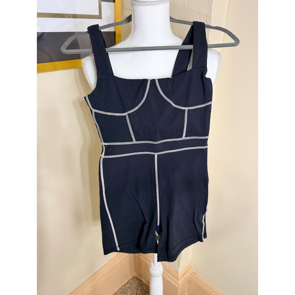 WeWoreWhat Womens Black Contrast Stitch Active Romper Bodysuit Small